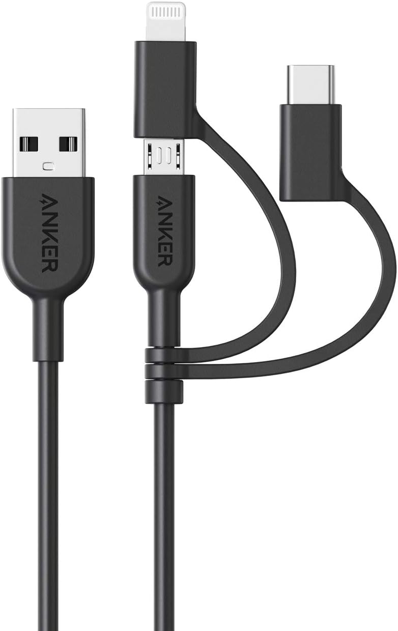 Anker Powerline II 3-in-1 Cable, Lightning/Type C/Micro USB Cable for iPhone, iPad, Huawei, HTC, LG, Samsung Galaxy, Sony Xperia, Android Smartphones, iPad Pro 2018 and More(3ft, Black)