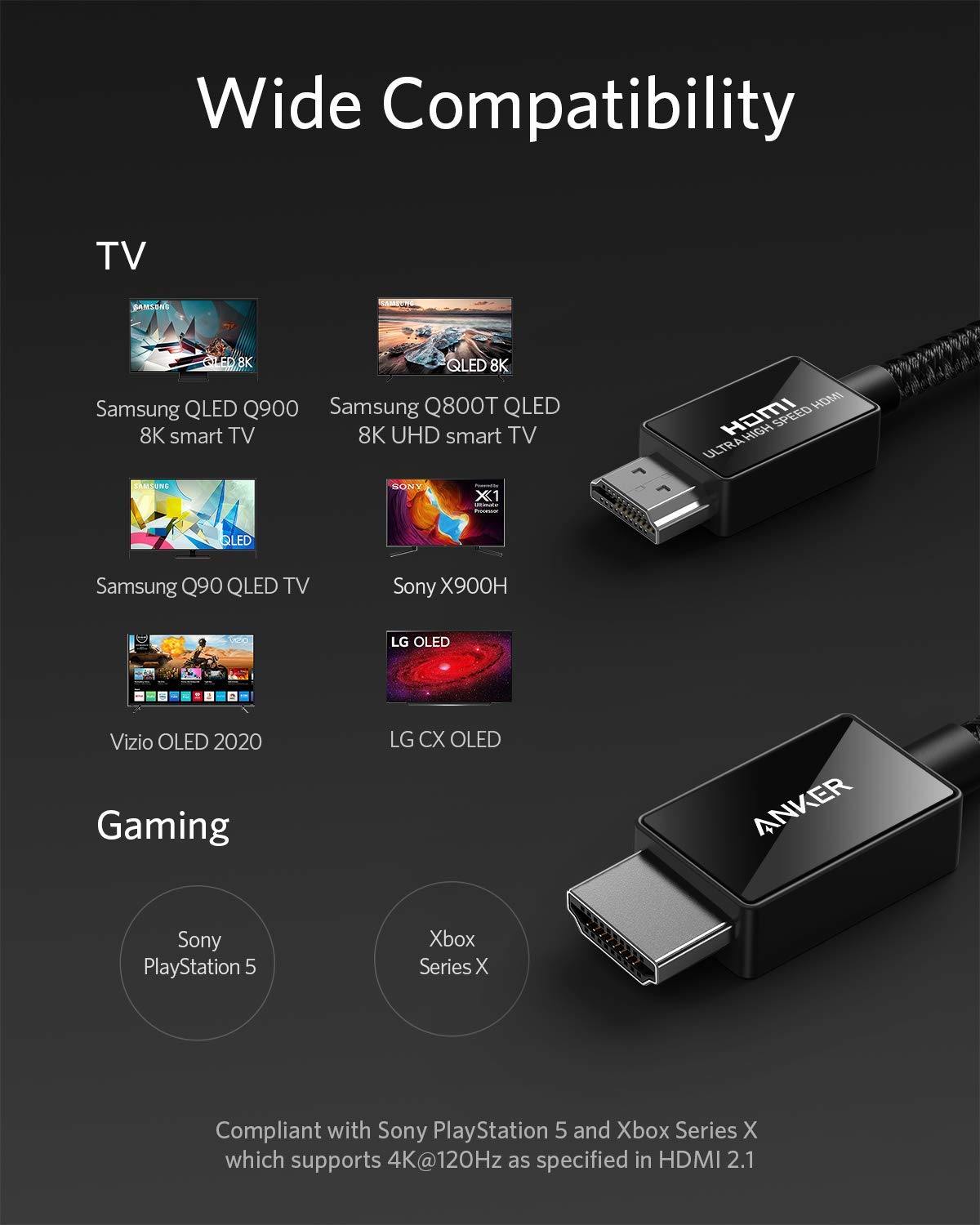 Anker HDMI 2.1 Cable 8K@60Hz,6.6FT Ultra High Speed 4K@120Hz 48Gbps Ultra HD HDMI to HDMI Cord,HDMI Cable Support Dynamic HDR,eARC,Dolby Atmos,Compatible with PlayStation 5,Xbox Series X,Samsung TVs