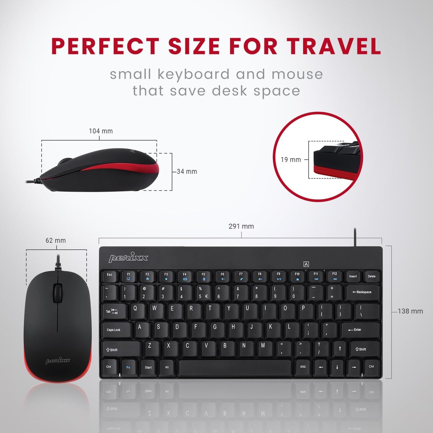 Perixx PERIDUO-212 Wired Mini Keyboard and Mouse Set, USB Connection, Black, US English Layout