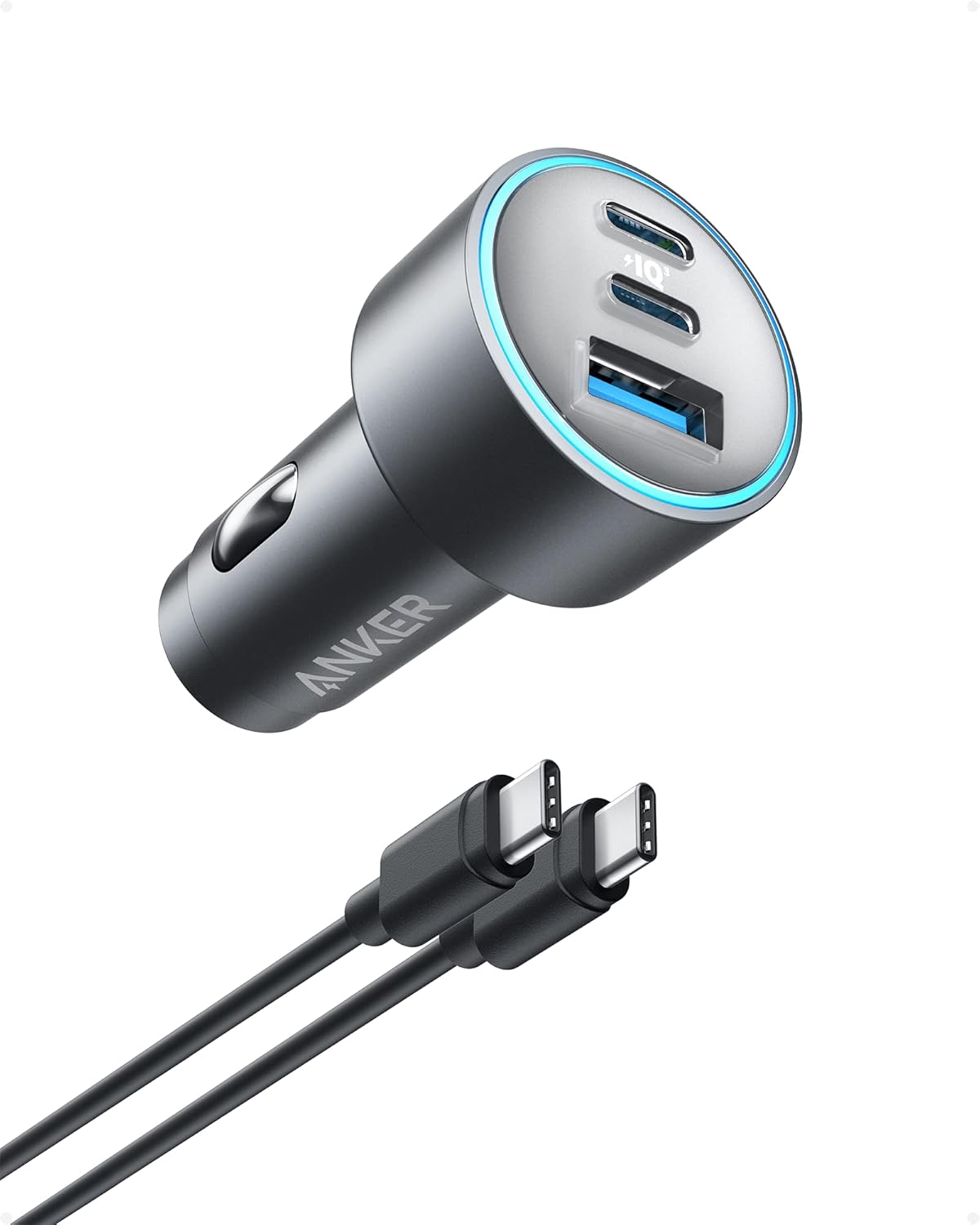 Anker Compact Fast Car Charger 3 Ports 67W - High Speed Charging for iPhone 16/15/14, Galaxy S23, iPad Air, and More - USB-C to USB-C Cable Included for Easy Connection