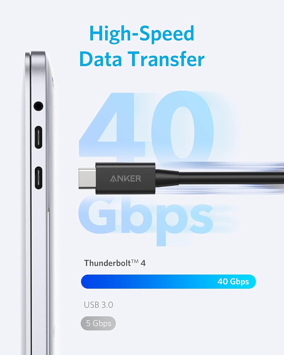 Anker USB C Cable,2.3FT Thunderbolt 4 USB C to USB C Certified Cable, 8K Display/40Gbps/100W Charging Cord for iPhone 16, Monitor Connection and More