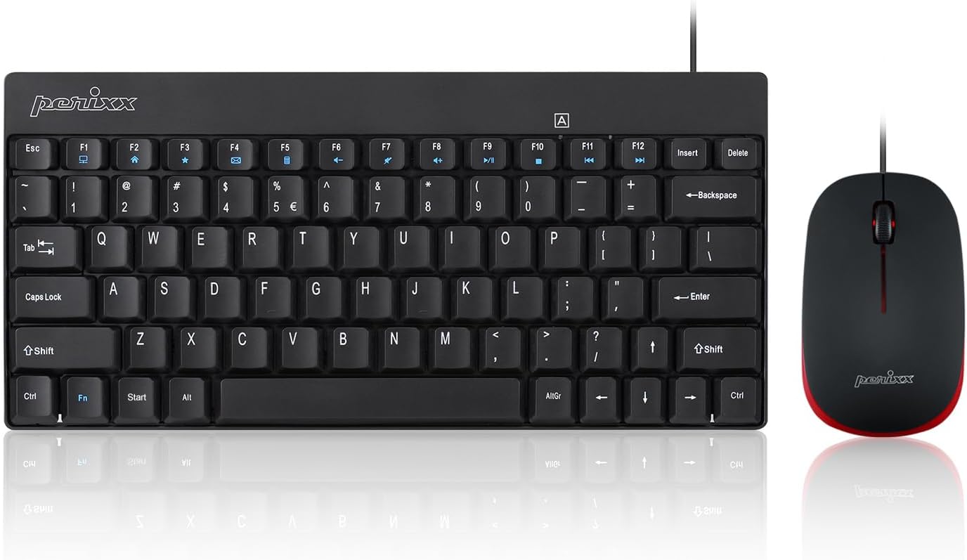 Perixx PERIDUO-212 Wired Mini Keyboard and Mouse Set, USB Connection, Black, US English Layout