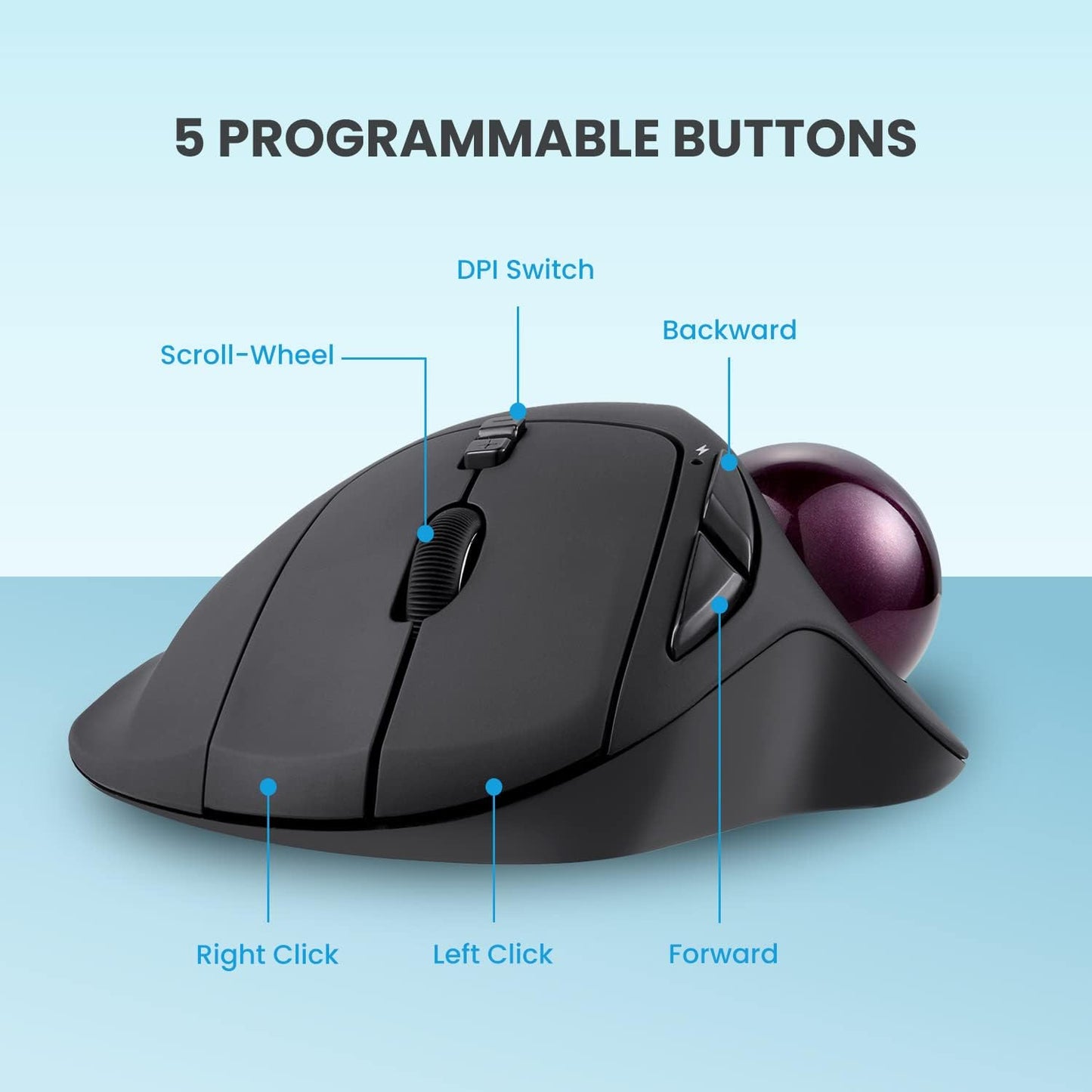 Perixx11568 Perimice-717 Wireless Trackball Mouse, Build-in 1.34 Inch Trackball with Pointing Feature, 5 Programmable Buttons, 2 DPI Level, Black