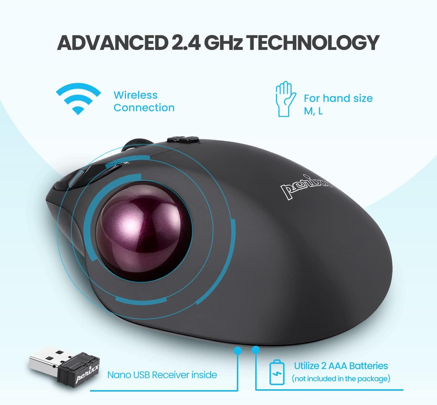 Perixx11568 Perimice-717 Wireless Trackball Mouse, Build-in 1.34 Inch Trackball with Pointing Feature, 5 Programmable Buttons, 2 DPI Level, Black