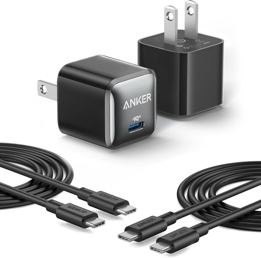 Anker USB C Charger Block 20W, 511 Charger (Nano Pro), PIQ 3.0 Compact Fast Charger for iPhone 16/16 Plus/16 Pro/16 Pro Max, 15 Series, Galaxy, Pixel 4/3, iPad (2 Pack & 2 Cable)