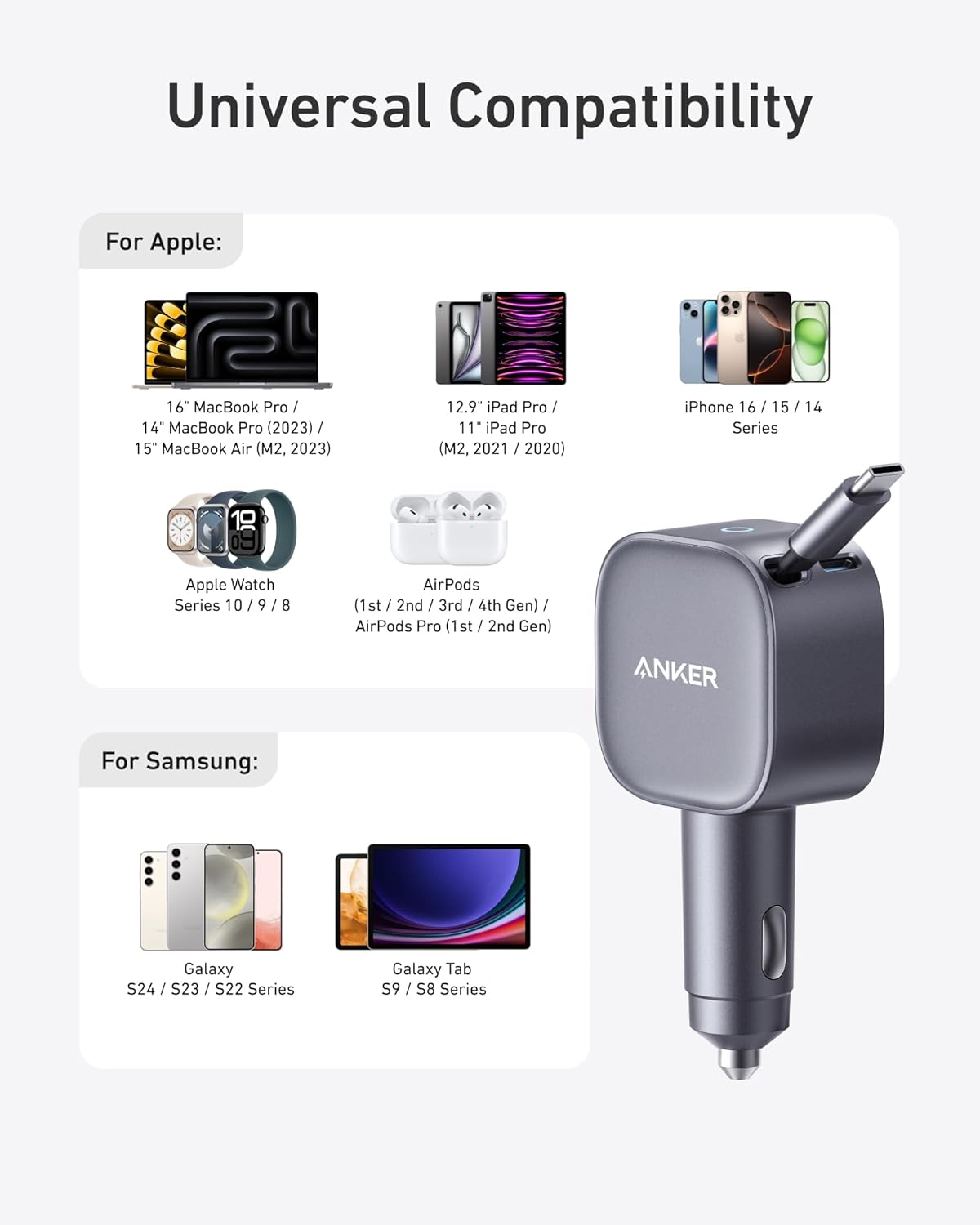 Anker USB-C Car Charger, 75W Max Ultra-Compact Type-C Fast Car Charger with Built-in Retractable Cable, Car Adapter for iPhone 16/15/14 Series, MacBook Pro/Air, iPad, Galaxy, AirPods, and More