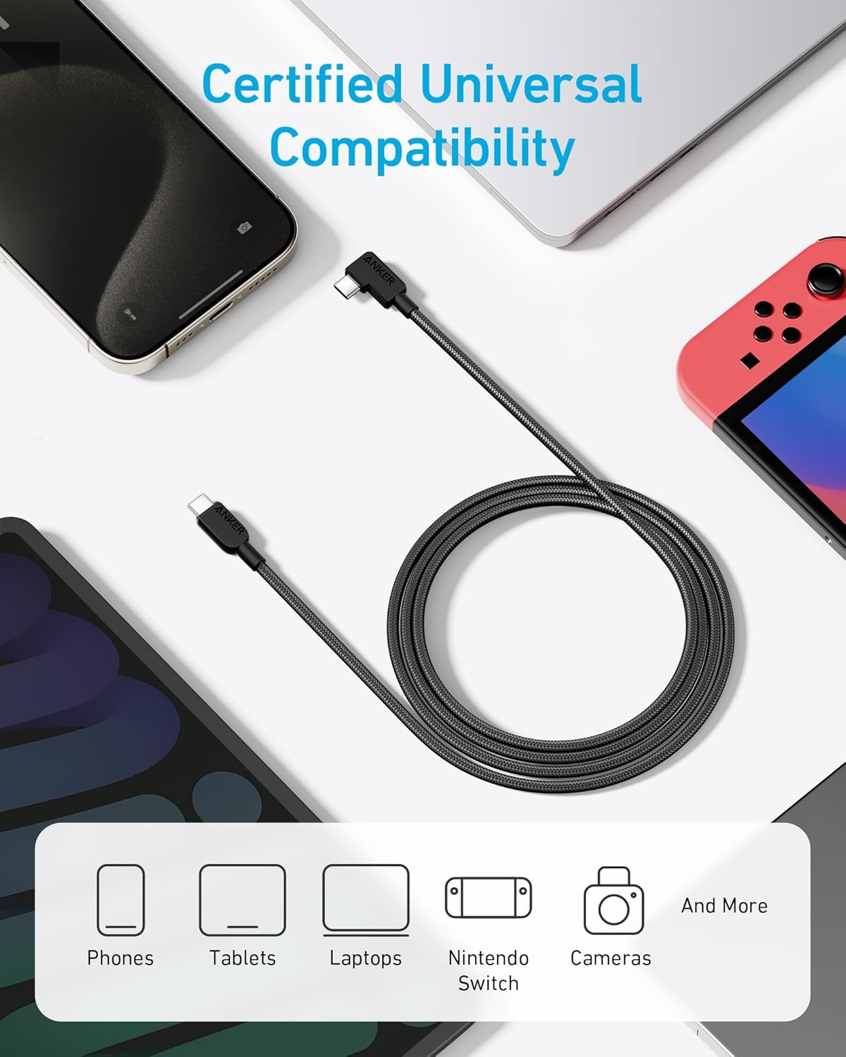 Anker Cable (2Pack 6FT), 240W USB C to USB C Right Angle Cable, 90 Degree Type C Braided Charging Cord for iPhone 16 Series and More (USB 2.0, Black)