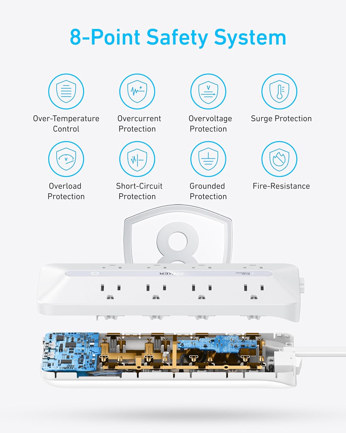 Anker Flat Plug Power Strip, 12-in-1 USB-C Power Strip with 8 AC, 2 USB-C, and 2 USB-A Ports, 5 feet Extension Cord, Slim Desk Charging Station, 900J Surge Protection, 35W Max for Home, Office, Dorm