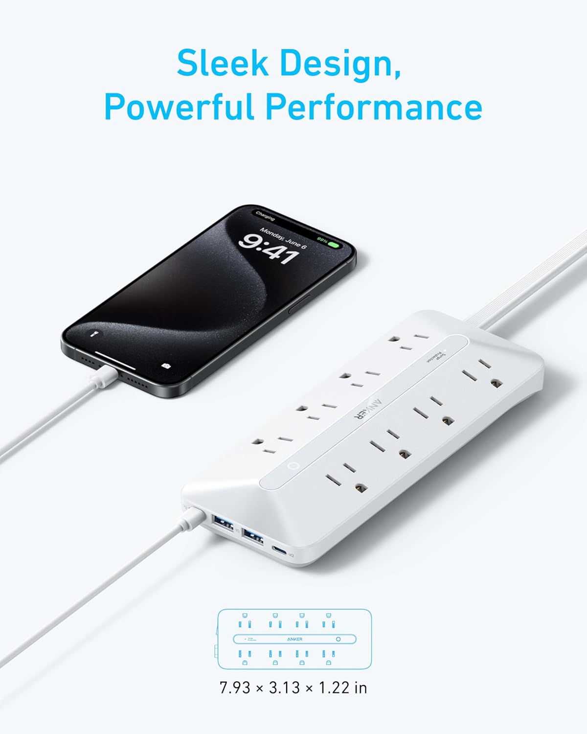 Anker Flat Plug Power Strip, 12-in-1 USB-C Power Strip with 8 AC, 2 USB-C, and 2 USB-A Ports, 5 feet Extension Cord, Slim Desk Charging Station, 900J Surge Protection, 35W Max for Home, Office, Dorm