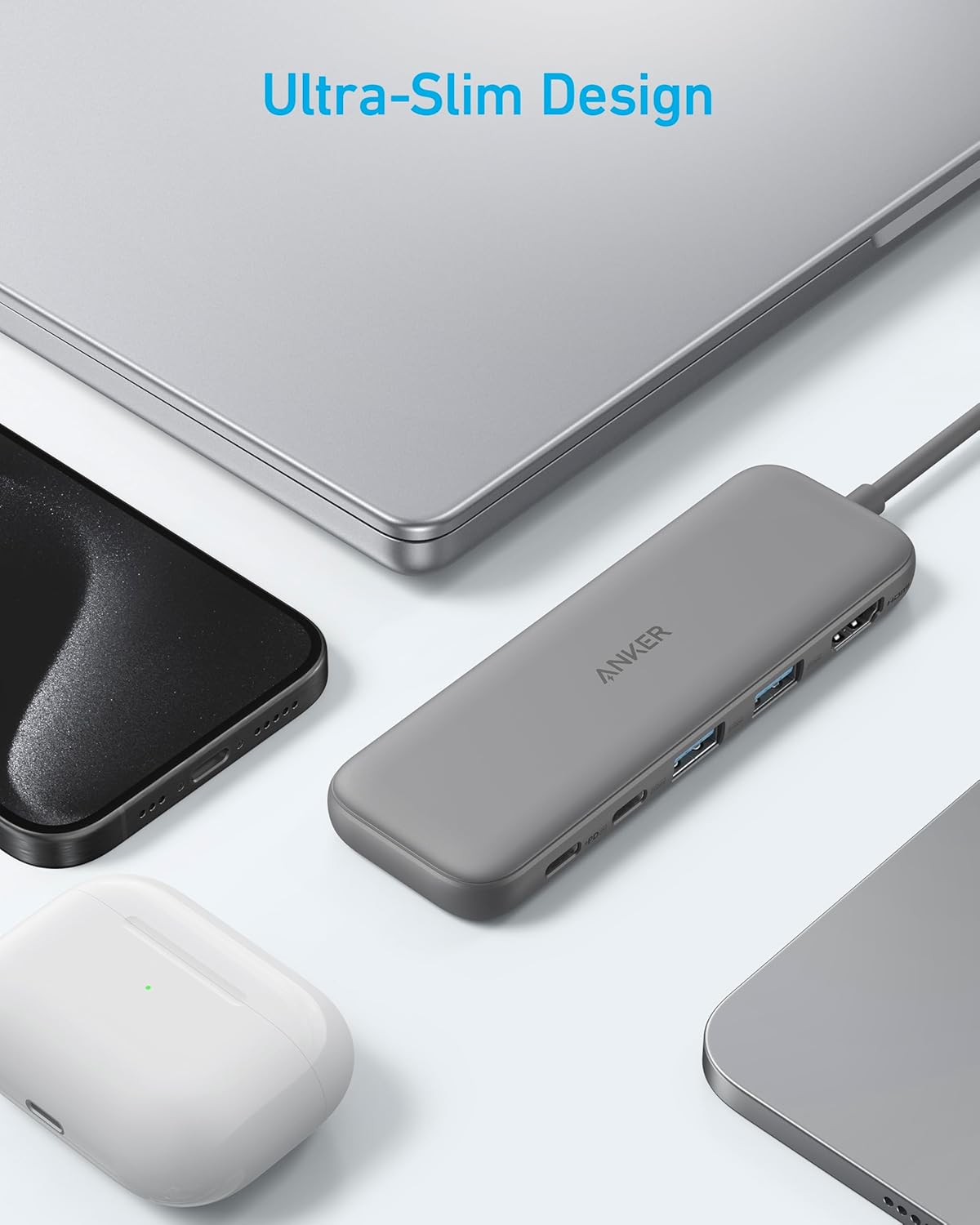 Anker 332 USB-C Hub (5-in-1) with 4K HDMI Display, 5Gbps USB-C Data Port and 2 5Gbps USB-A Data Ports and for MacBook Pro, MacBook Air, Dell XPS, Lenovo Thinkpad, HP Laptops and More(Grey)