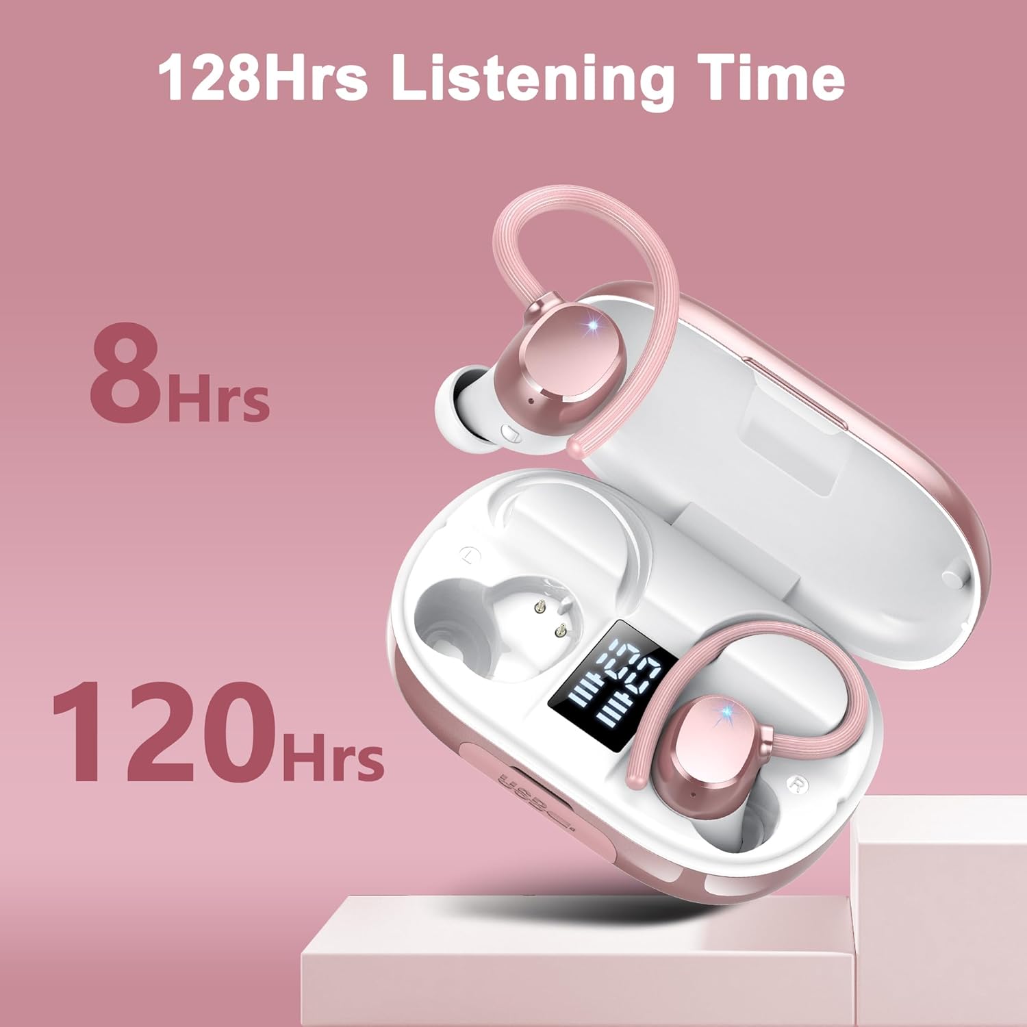 Wireless Earbuds 128hrs Bluetooth 5.3 Headphone Sport 2024 Bluetooth Earbuds Stereo Deep Bass Over Ear Bud with Earhooks ENC Noise Cancelling Mic IPX7 Waterproof Earphone for Workout/Running