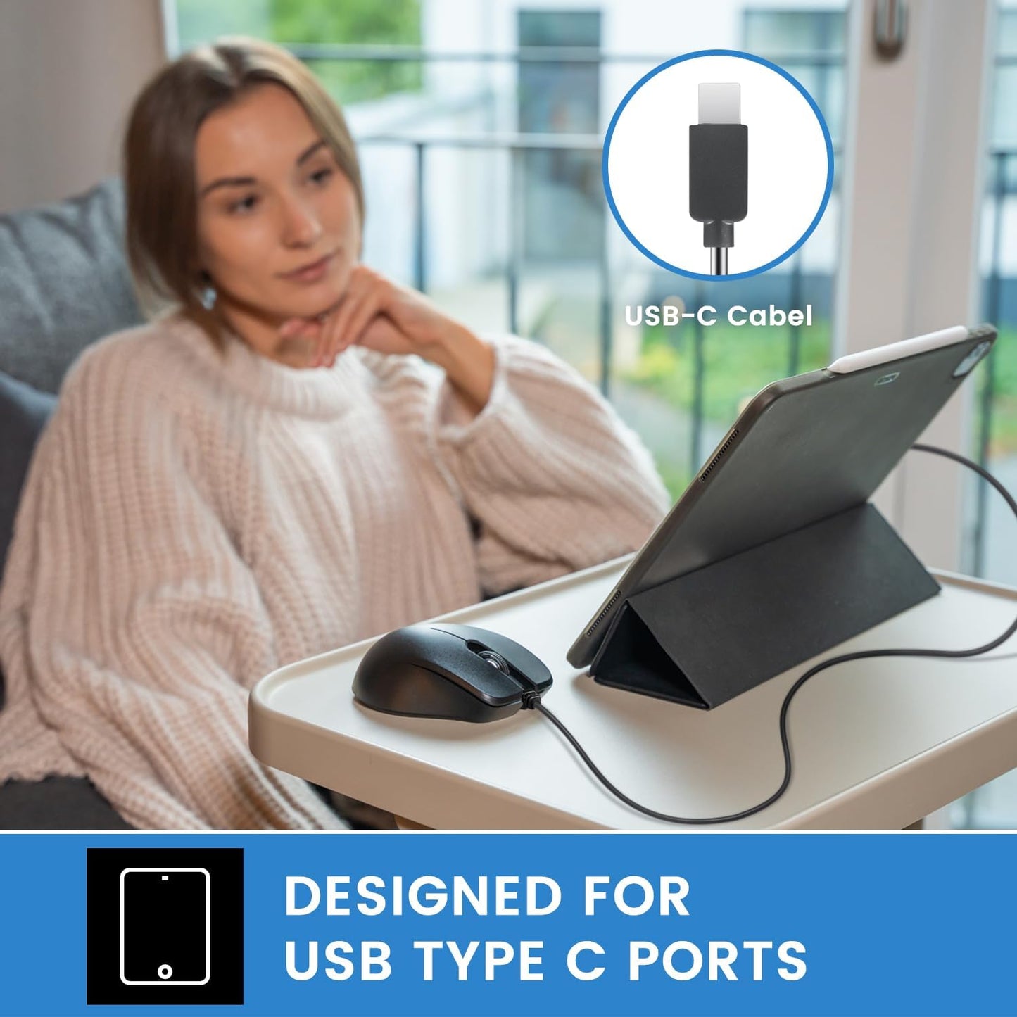 USB Type C Wired Ergonomic Mouse - 4.9 Ft Cable - Optical 1200 DPI