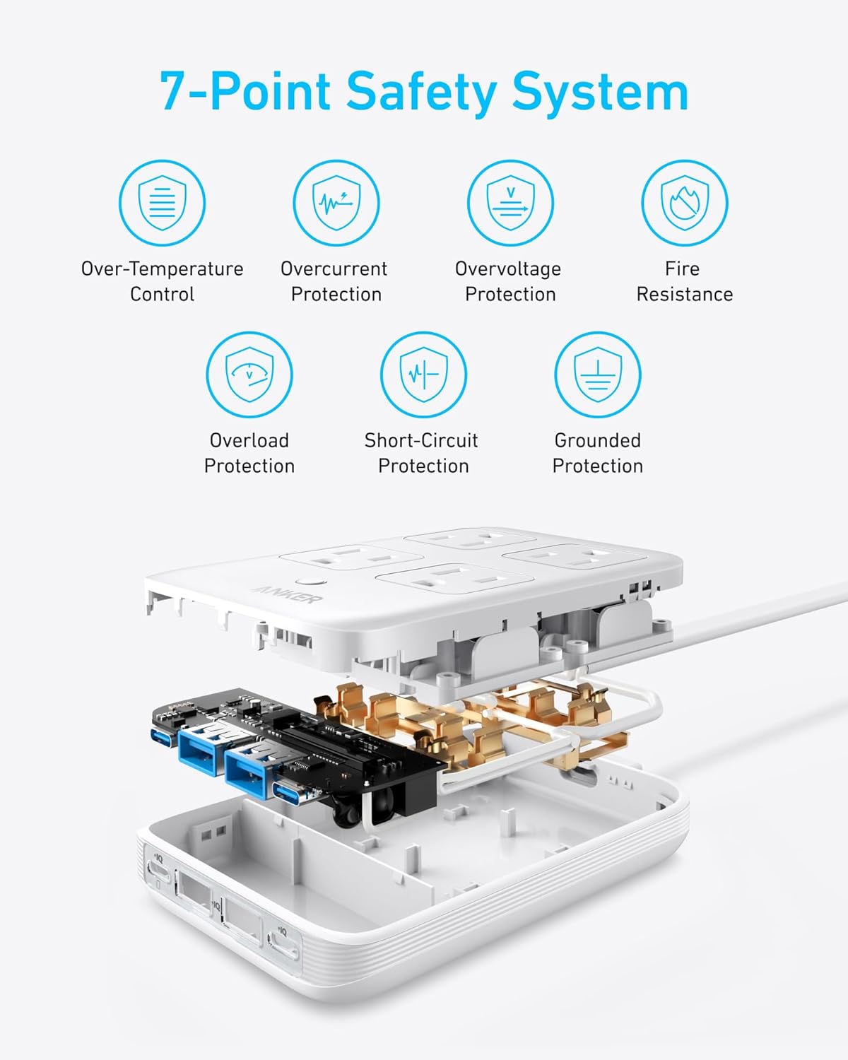 Anker Charging Station, 20W Max 8-in-1 USB-C Power Strip for iPhone 15/14 and MacBook Air/Pro, 5 ft Thin Cord with 4 AC, 2 USB-A, and 2 USB-C Ports, Fast Charging Desktop Charger for Travel, Office