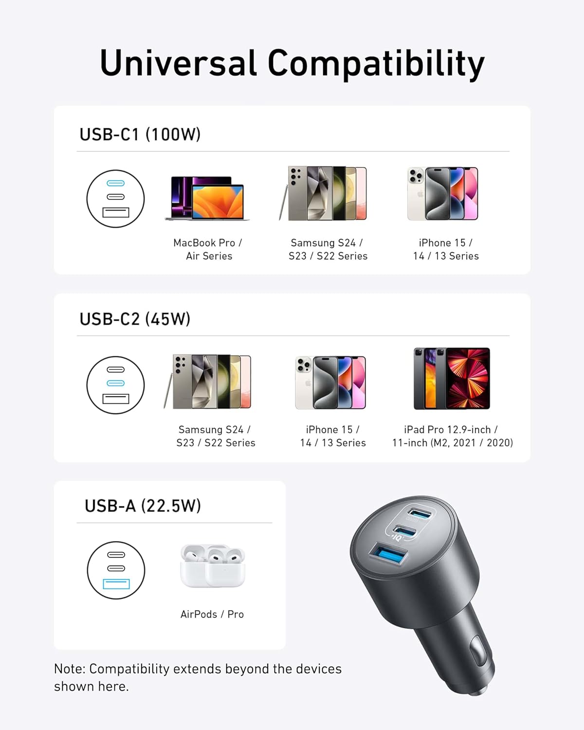 Anker iPhone 16 USB-C Car Charger, 167.5W Max 3-Port Ultra-Compact Type-C Fast iPhone Car Charger, for MacBook Pro/Air, iPhone 15/14 / 13 Series, Samsung S24 / S23, iPad Pro, AirPods, and More