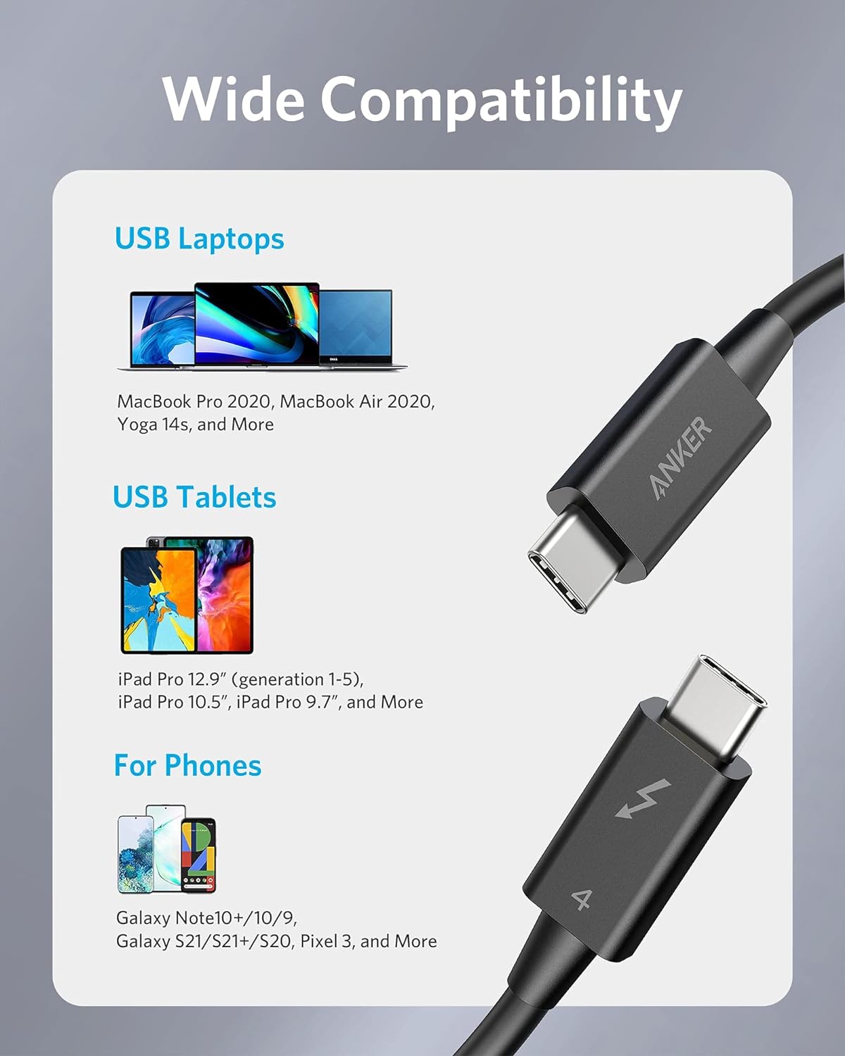 Anker USB C Cable,2.3FT Thunderbolt 4 USB C to USB C Certified Cable, 8K Display/40Gbps/100W Charging Cord for iPhone 16, Monitor Connection and More