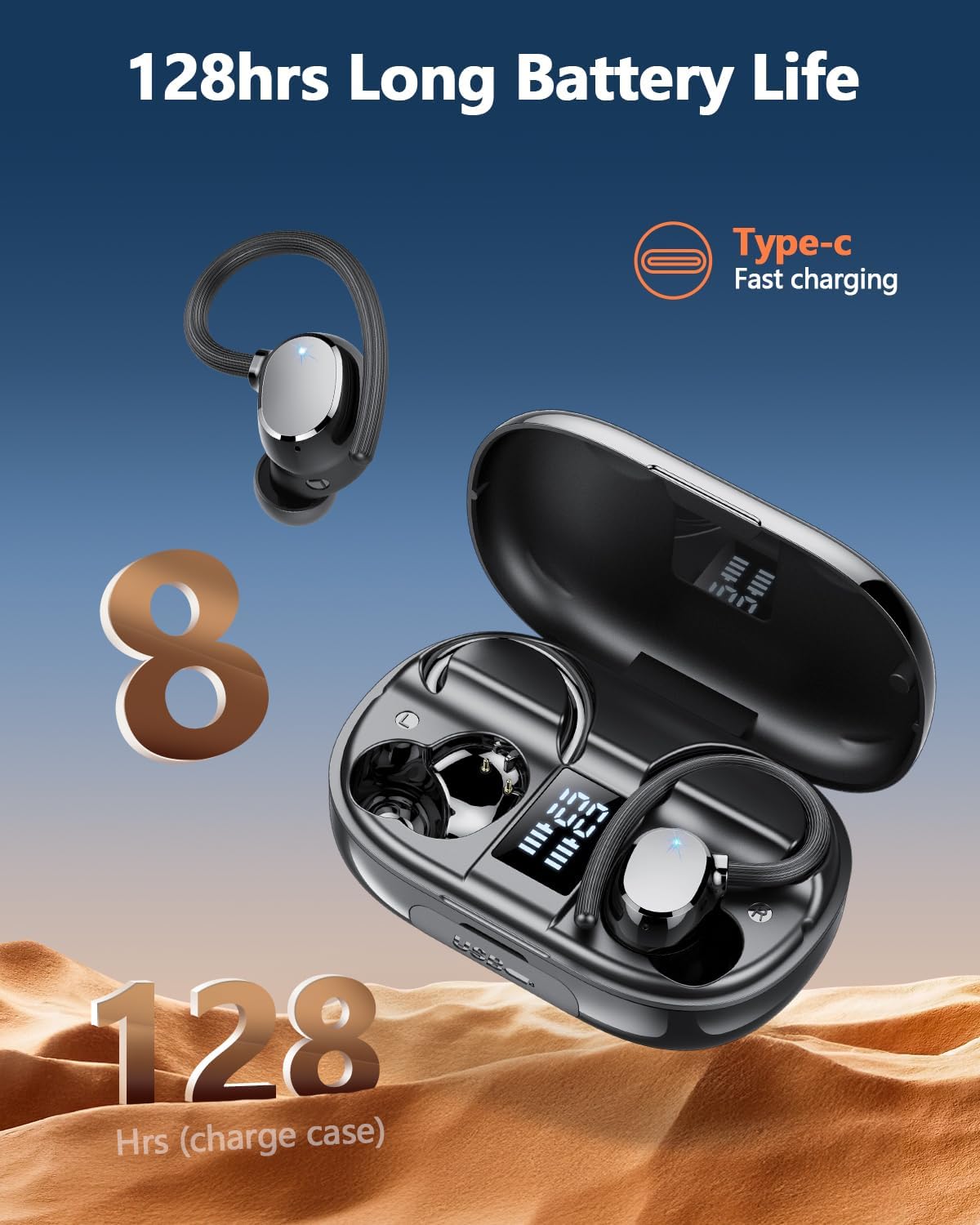 Ear buds Wireless Bluetooth Earbuds Sport 2024 NEW Bluetooth 5.3 Headphones with LED Display 128H Playtime Powerful Bass Over Ear Earphones with Earhooks IP7 Waterproof for Gym/Running/Workout