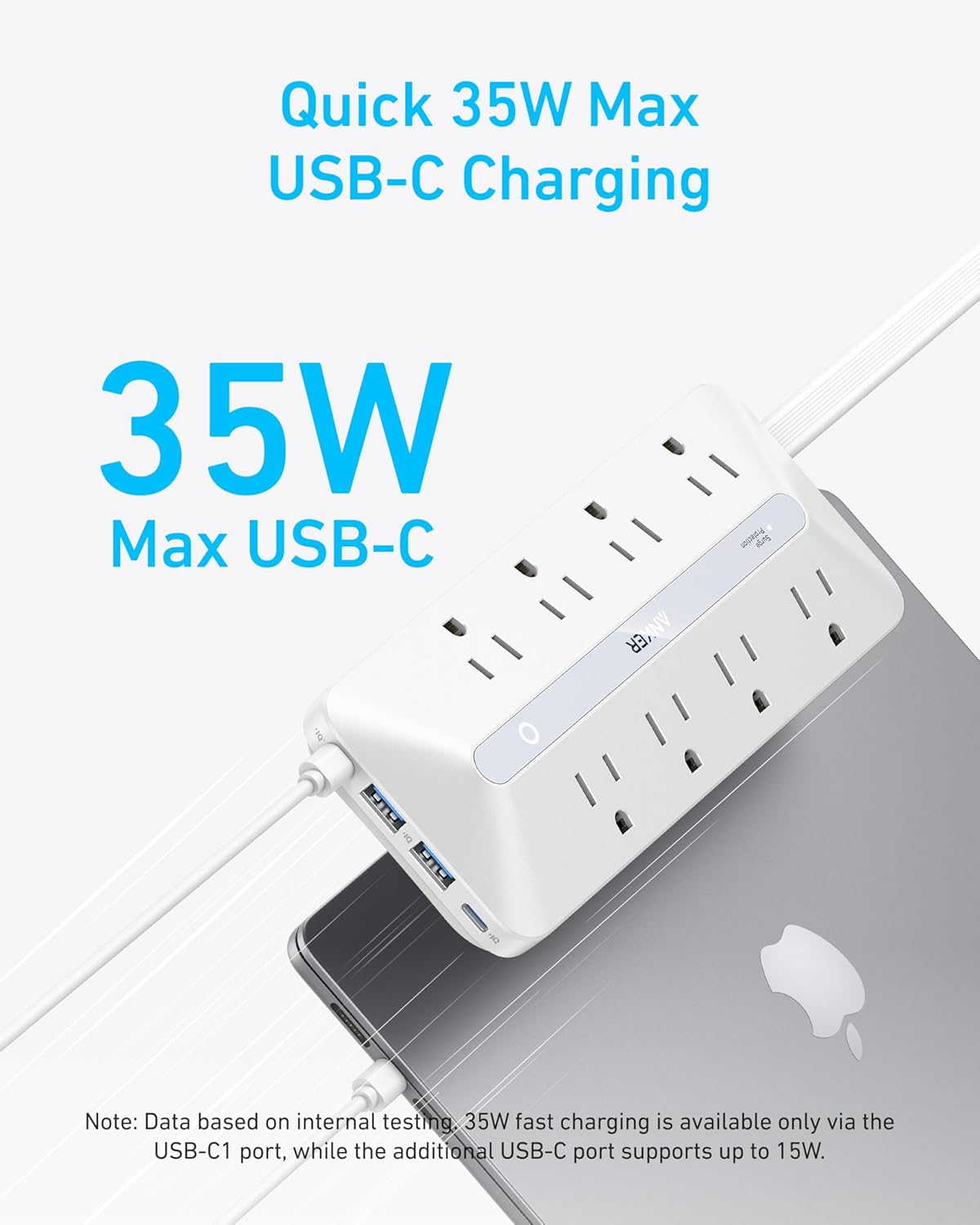 Anker Flat Plug Power Strip, 12-in-1 USB-C Power Strip with 8 AC, 2 USB-C, and 2 USB-A Ports, 5 feet Extension Cord, Slim Desk Charging Station, 900J Surge Protection, 35W Max for Home, Office, Dorm