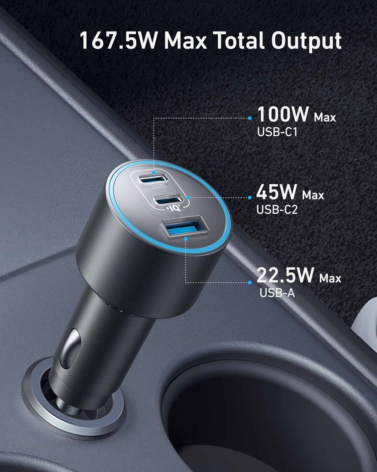 Anker iPhone 16 USB-C Car Charger, 167.5W Max 3-Port Ultra-Compact Type-C Fast iPhone Car Charger, for MacBook Pro/Air, iPhone 15/14 / 13 Series, Samsung S24 / S23, iPad Pro, AirPods, and More